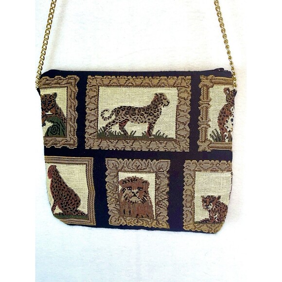 Vintage Doodle Bags Stuart Fla Shoulder Bag Jungle Cats Tapestry Gold Tone Chain - Picture 1 of 8